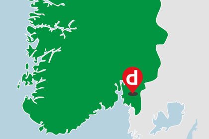 Depona Norway Kart over den sørlige delen av Norge med markering der Deponas kontor finnes